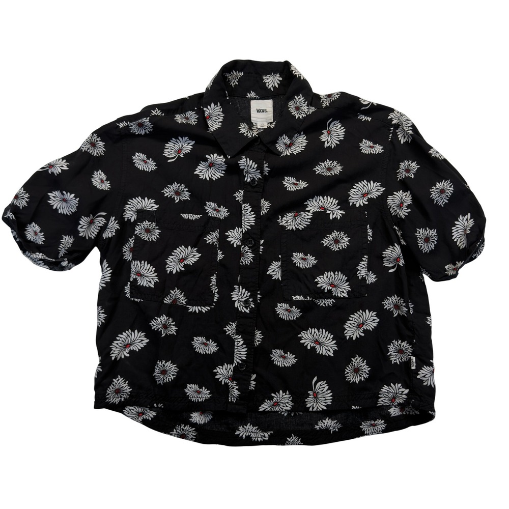 Vans Womens XS Cropped Button Down Shirt Black White Floral Daisy Skater